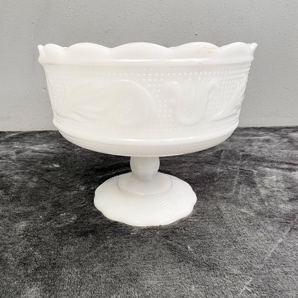 E O Brody Milk Glass Pedestal Bowl Compote Fruit Candy Textured Dot Scalloped